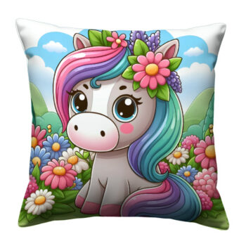 Cute Cartoon Horse On Flower Pillow