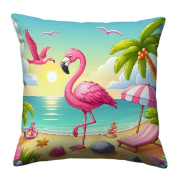 Pink Flamingo On Sand Beach Pillow