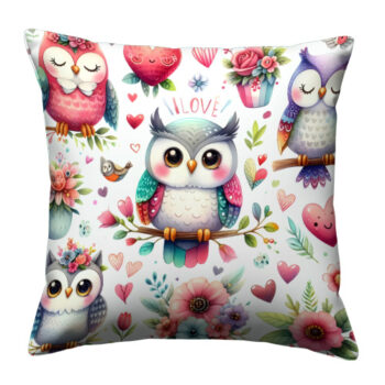 Sweet Owls Hearts And Flowers Pillow